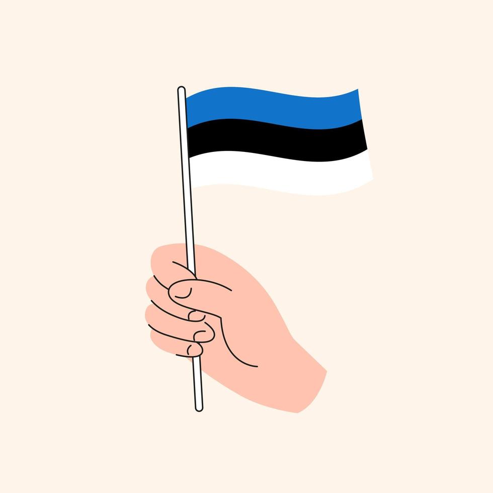 mano de dibujos animados sosteniendo la bandera estonia. la bandera de estonia, ilustración conceptual. vector aislado de diseño plano.