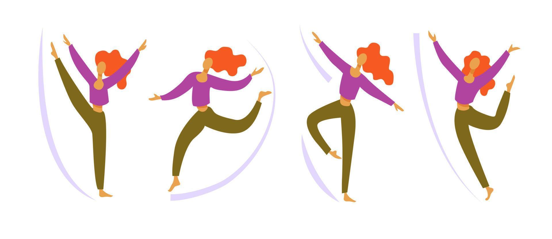 girl with red hair dances in different poses. set vector