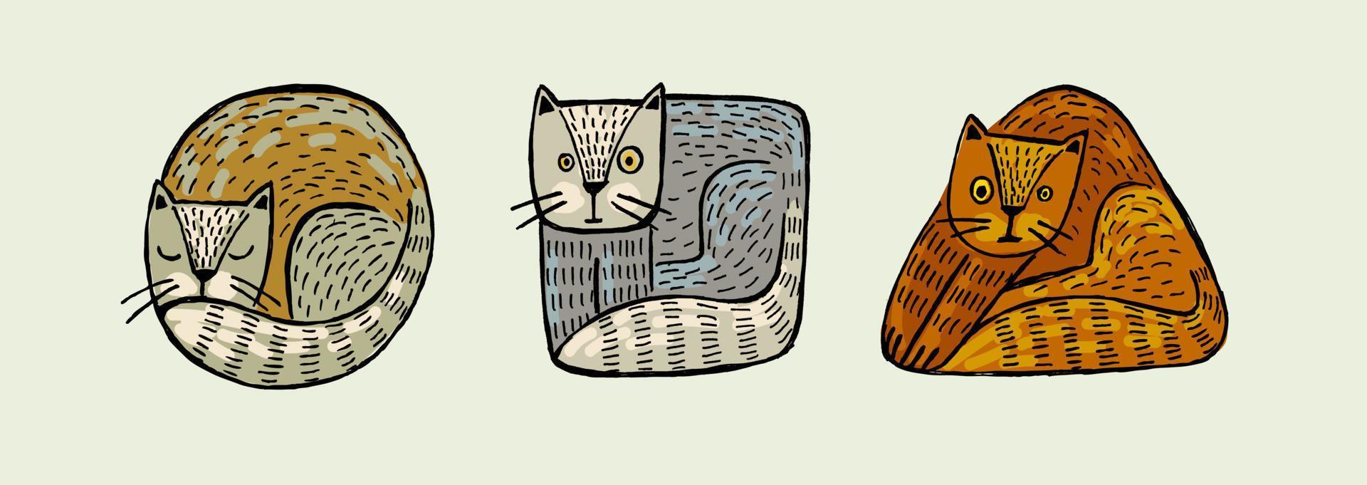 drawing of cute cats in the form of a circle, square and triangle vector
