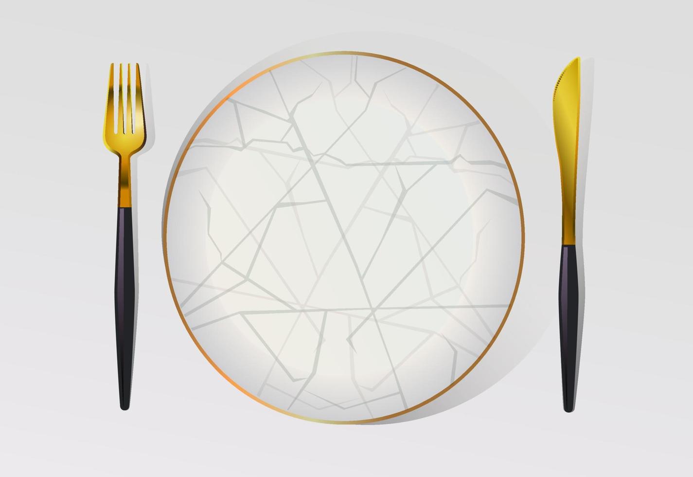 table setting gold fork and knife with black handle and porcelain plate vector