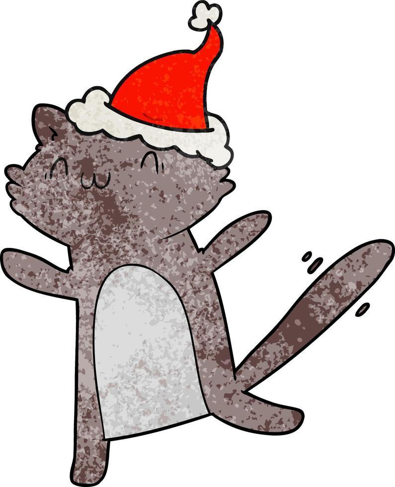 textured cartoon of a dancing cat wearing santa hat vector