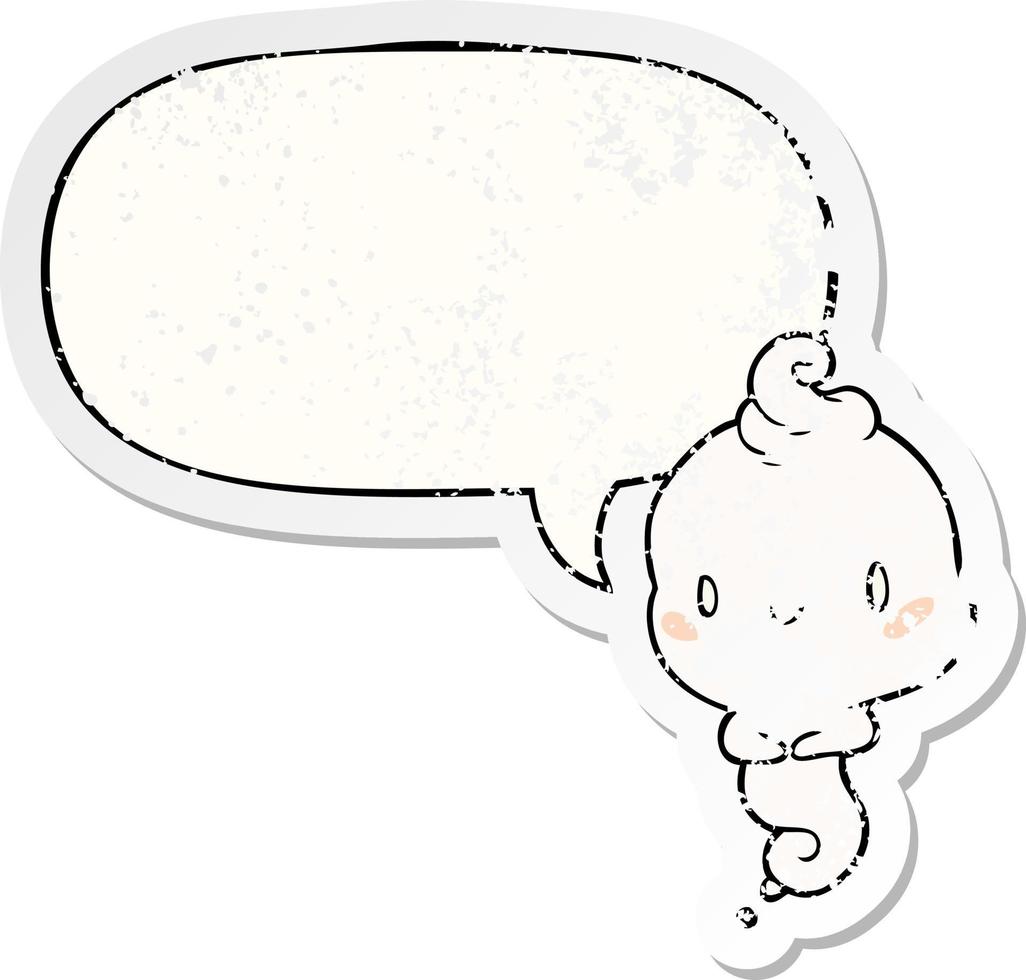 cute cartoon ghost and speech bubble distressed sticker vector