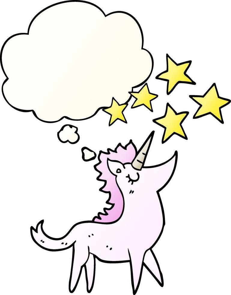 unicornio de dibujos animados y burbuja de pensamiento en estilo degradado suave vector