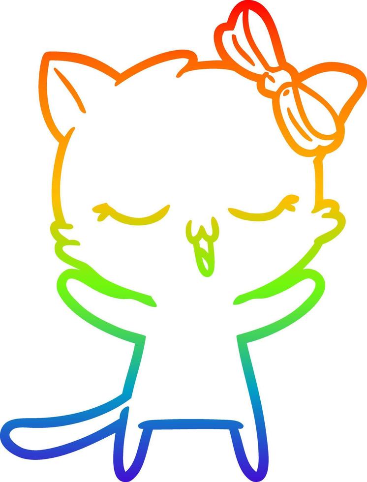 rainbow gradient line drawing cartoon cat with bow on head vector