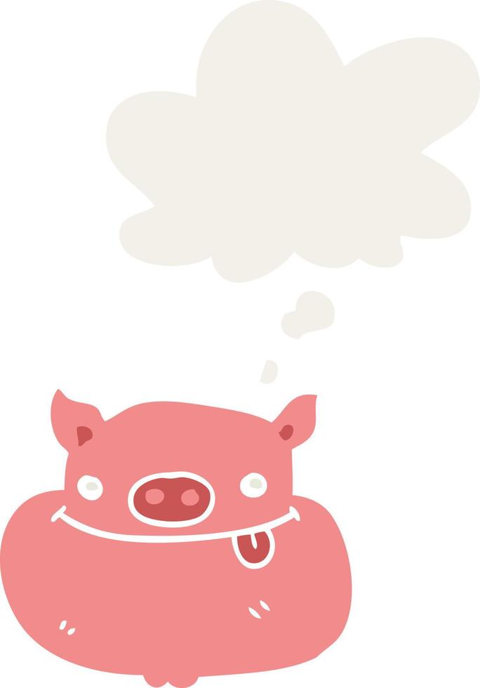 cara de cerdo feliz de dibujos animados y burbuja de pensamiento en estilo retro vector