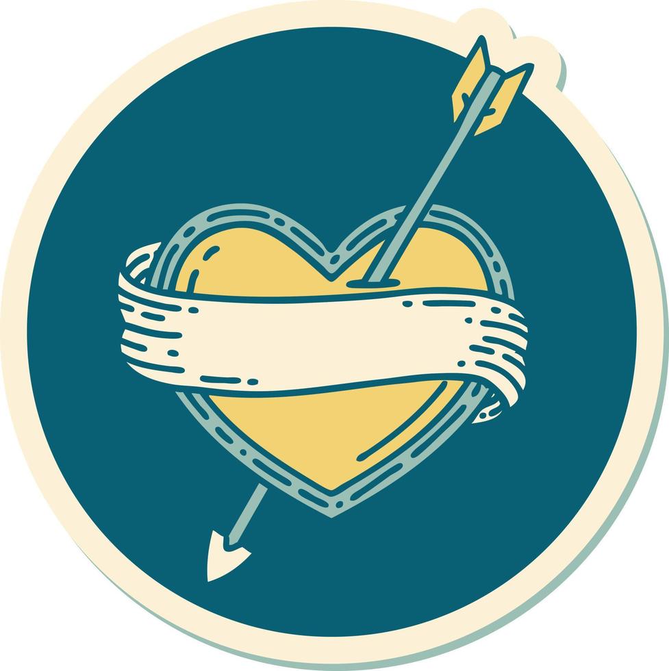 sticker of tattoo in traditional style of an arrow heart and banner vector