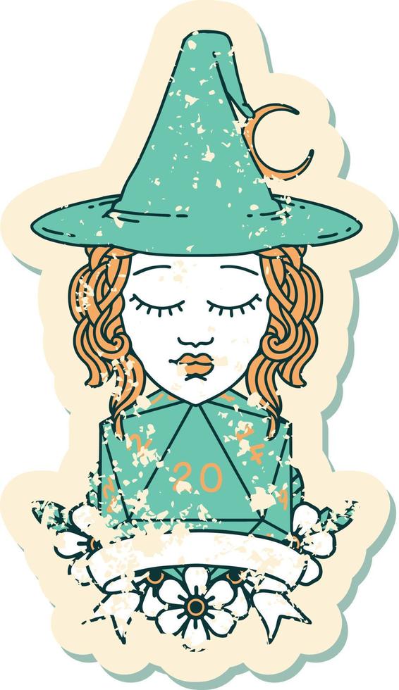 Retro Tattoo Style human witch with natural twenty dice roll vector