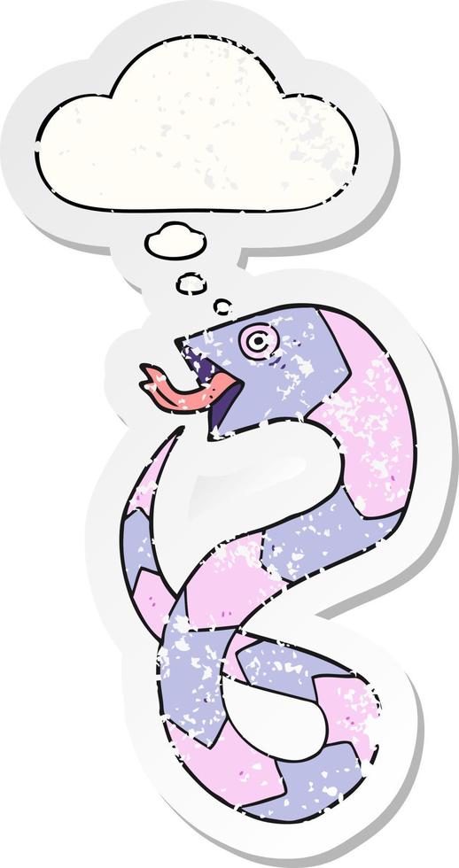 cartoon snake and thought bubble as a distressed worn sticker vector