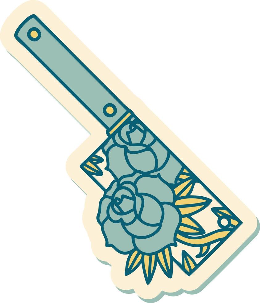 sticker of tattoo in traditional style of a cleaver and flowers vector