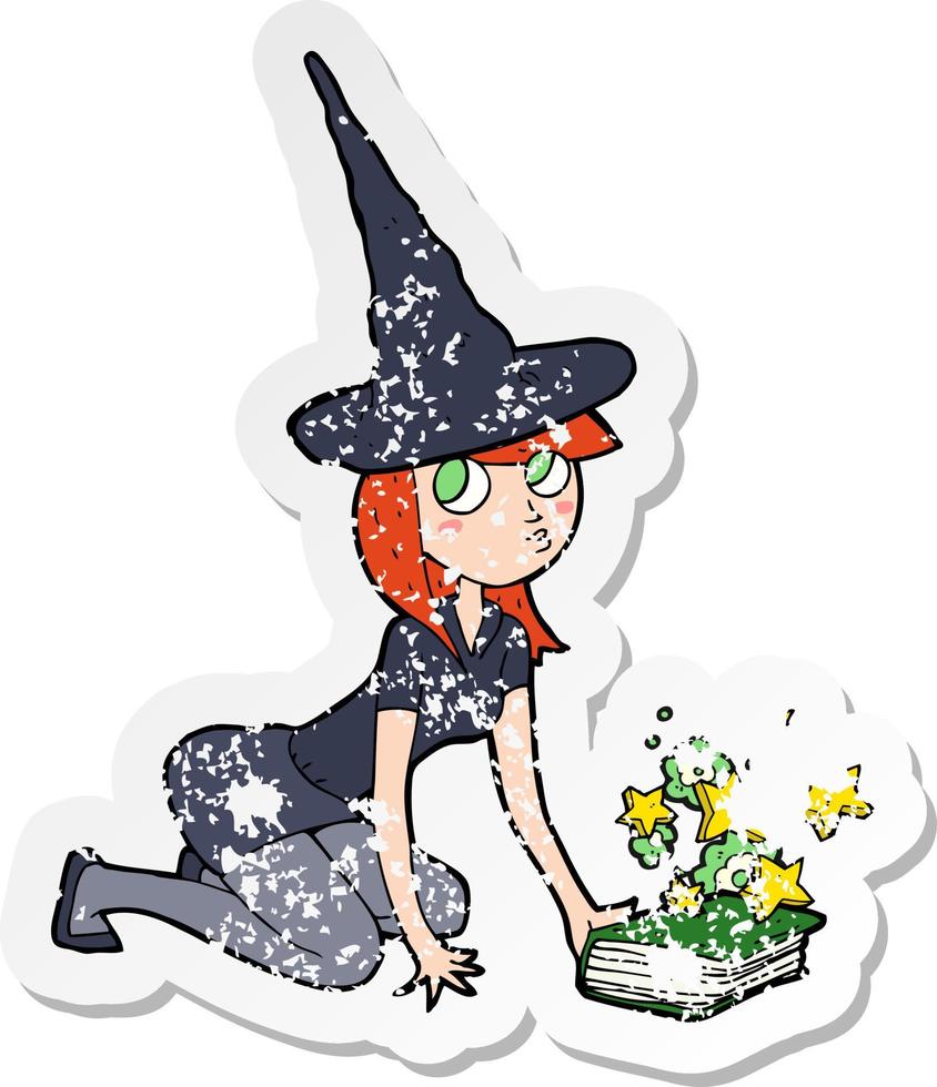 retro distressed sticker of a cartoon witch and spell book vector