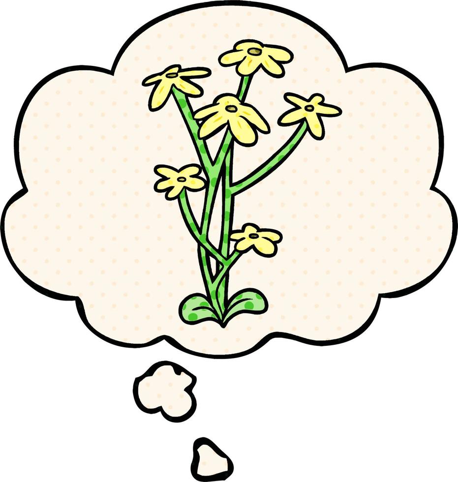 cartoon flower and thought bubble in comic book style vector