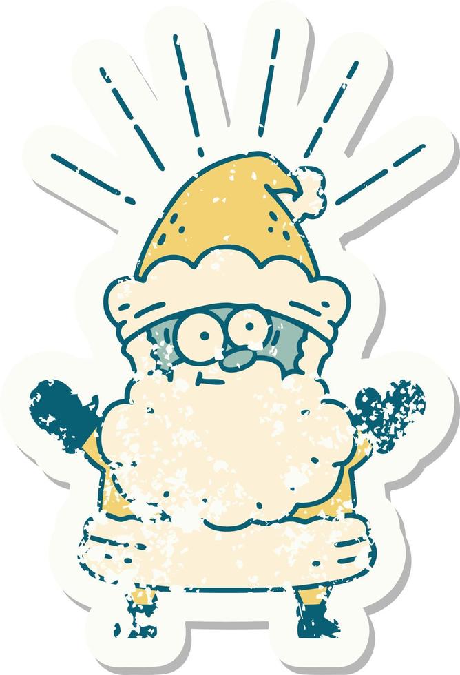 worn old sticker of a tattoo style santa claus christmas character vector