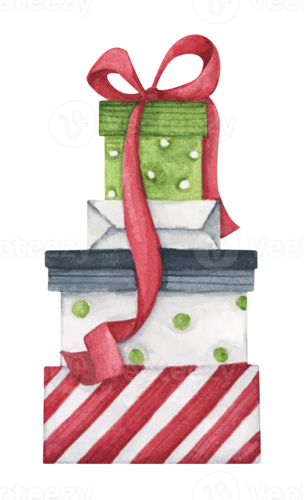 Watercolor drawing Christmas gift boxes with bows, Present box. png