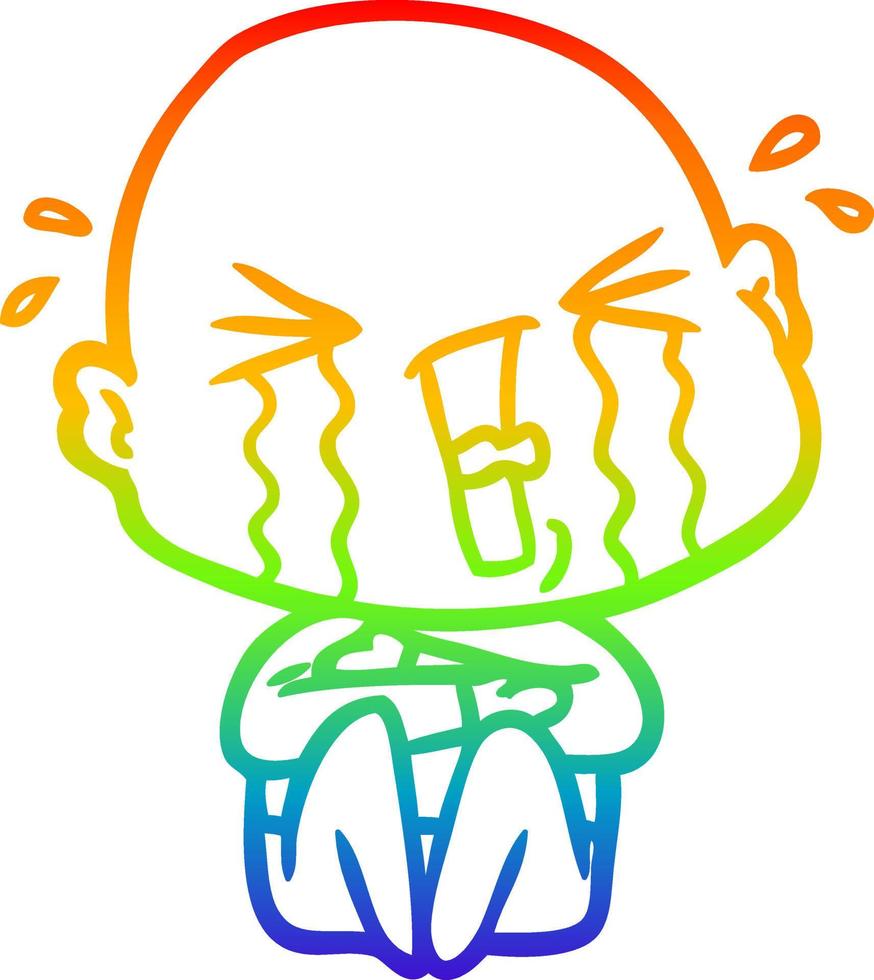 rainbow gradient line drawing cartoon crying bald man vector