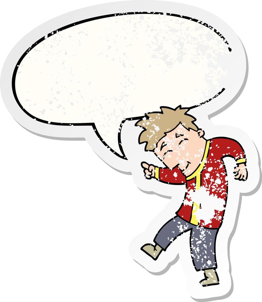 cartoon dancing man and speech bubble distressed sticker vector