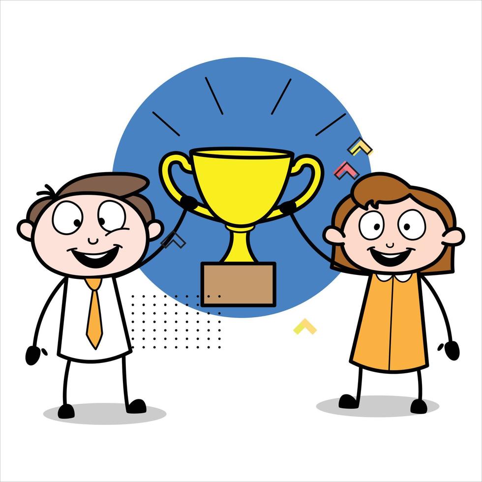 asset of a young businessman cartoon character and his friend holding a winning trophy vector