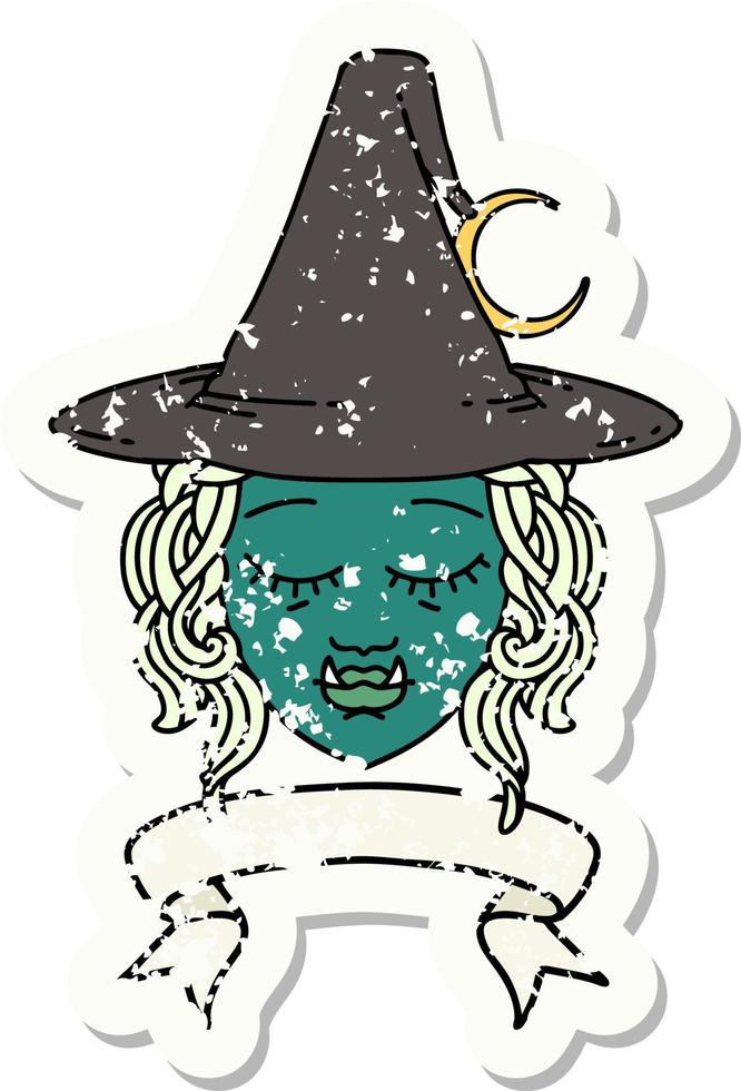 Retro Tattoo Style half orc witch character face with banner vector