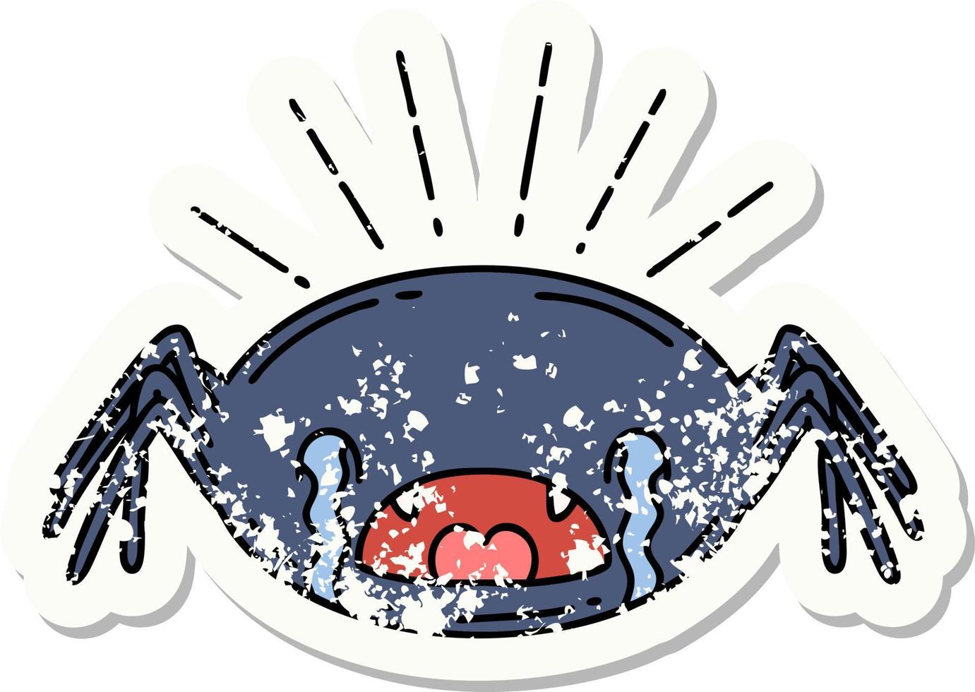 worn old sticker of a tattoo style crying spider vector