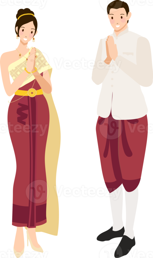 Thai wedding couple greeting in traditional light creme khaki suit and red golden dress png