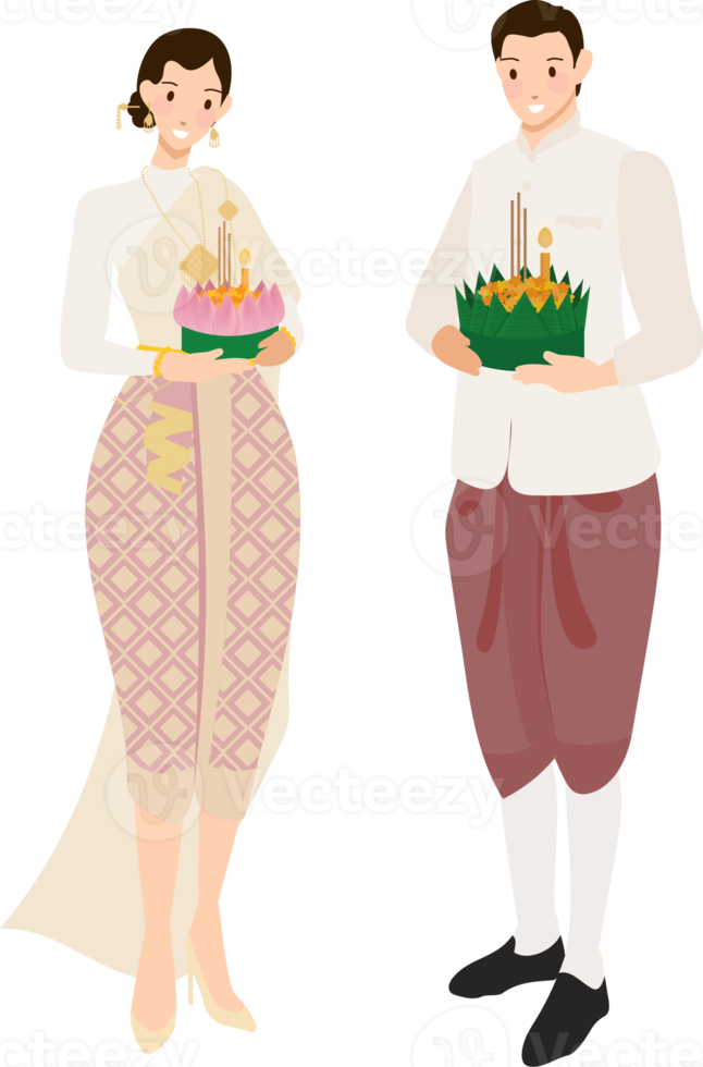 cute Thai couple on floating flowers Loy Krathong festival png