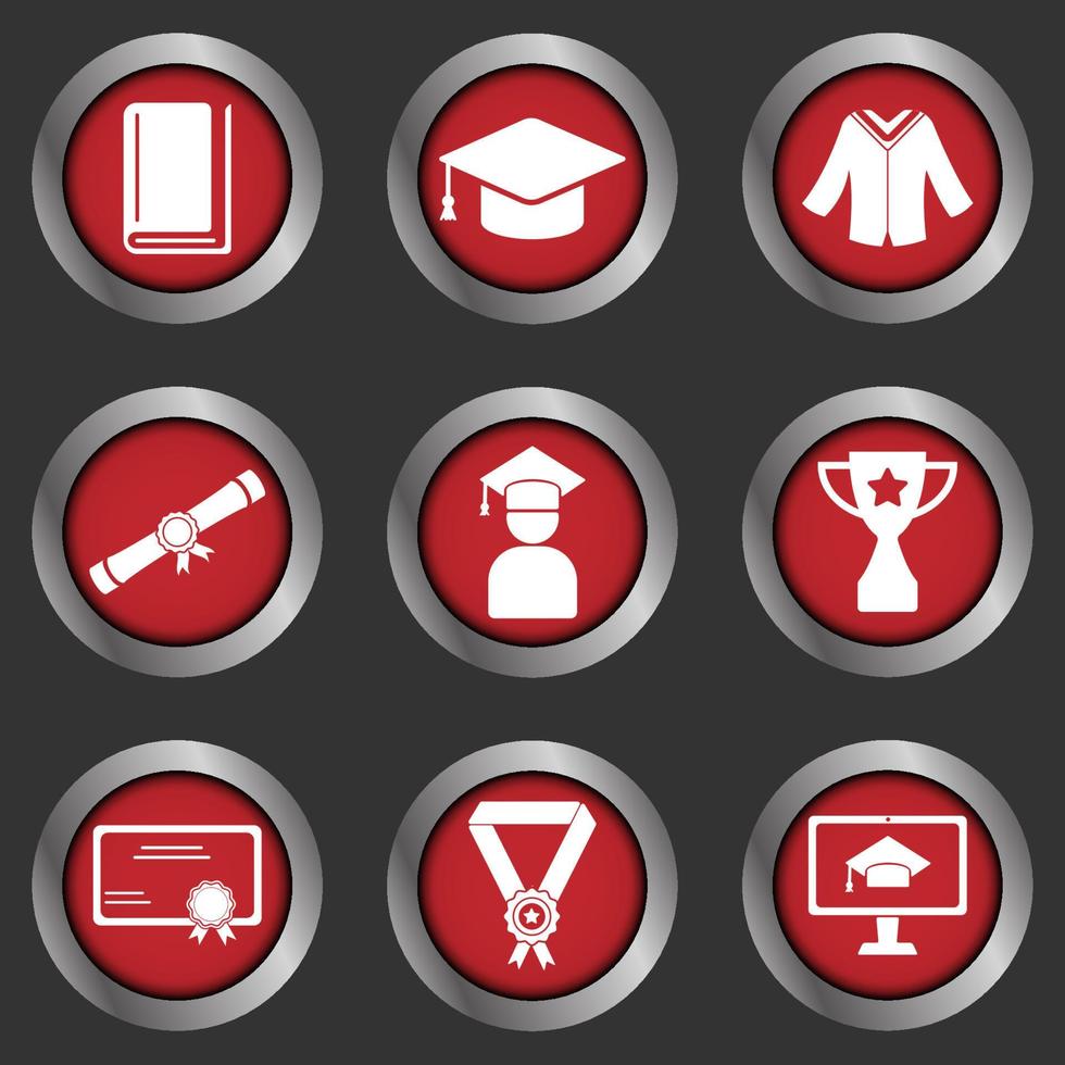 vector de icono de conjunto de graduación con marco de círculo rojo. forma moderna batas, certificados, trofeos, diplomas y más