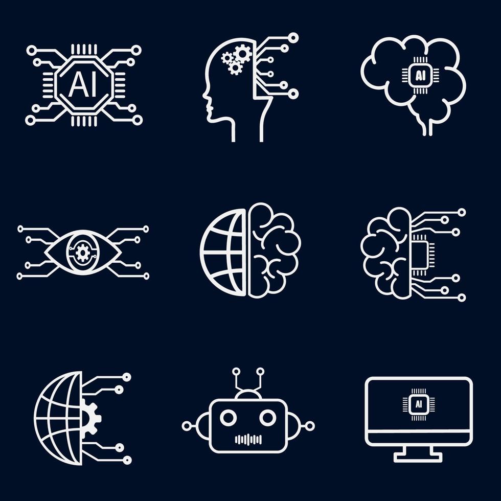 conjunto de vectores de iconos de inteligencia artificial. múltiples símbolos de procesador, robótica, expansión del conocimiento y más