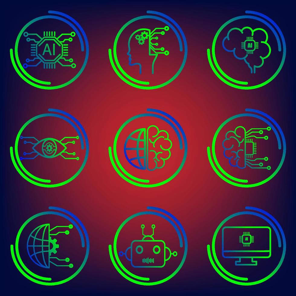 artificial intelligence icon set vector. green and blue line vector