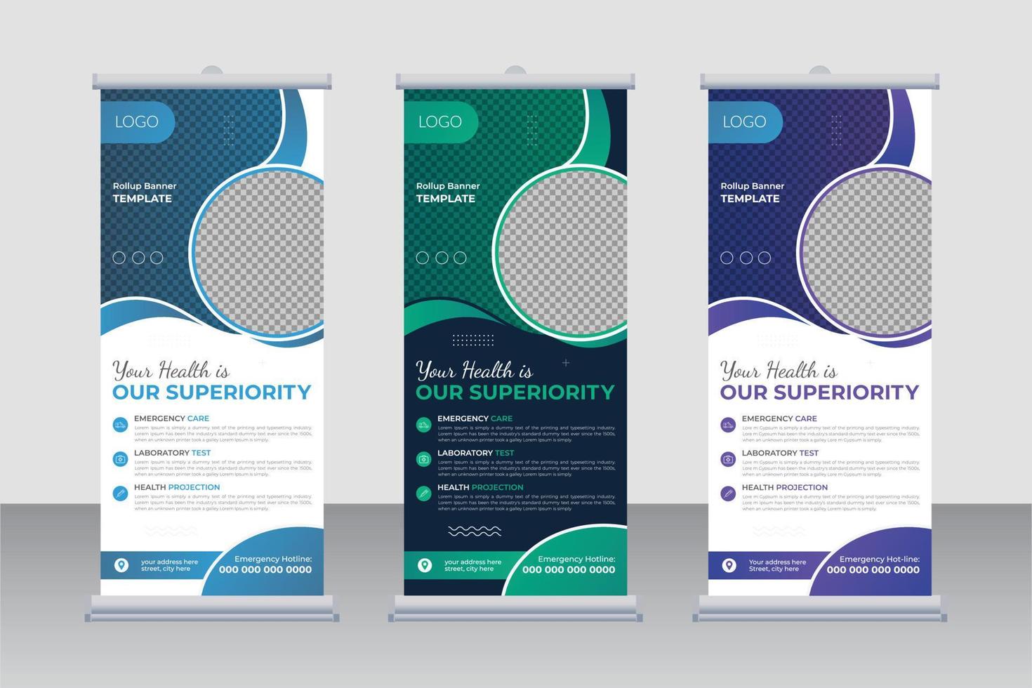 Medical roll-up banner design layout, standee signage concept layout pull-up design for business promotion with 2 color variations. vector