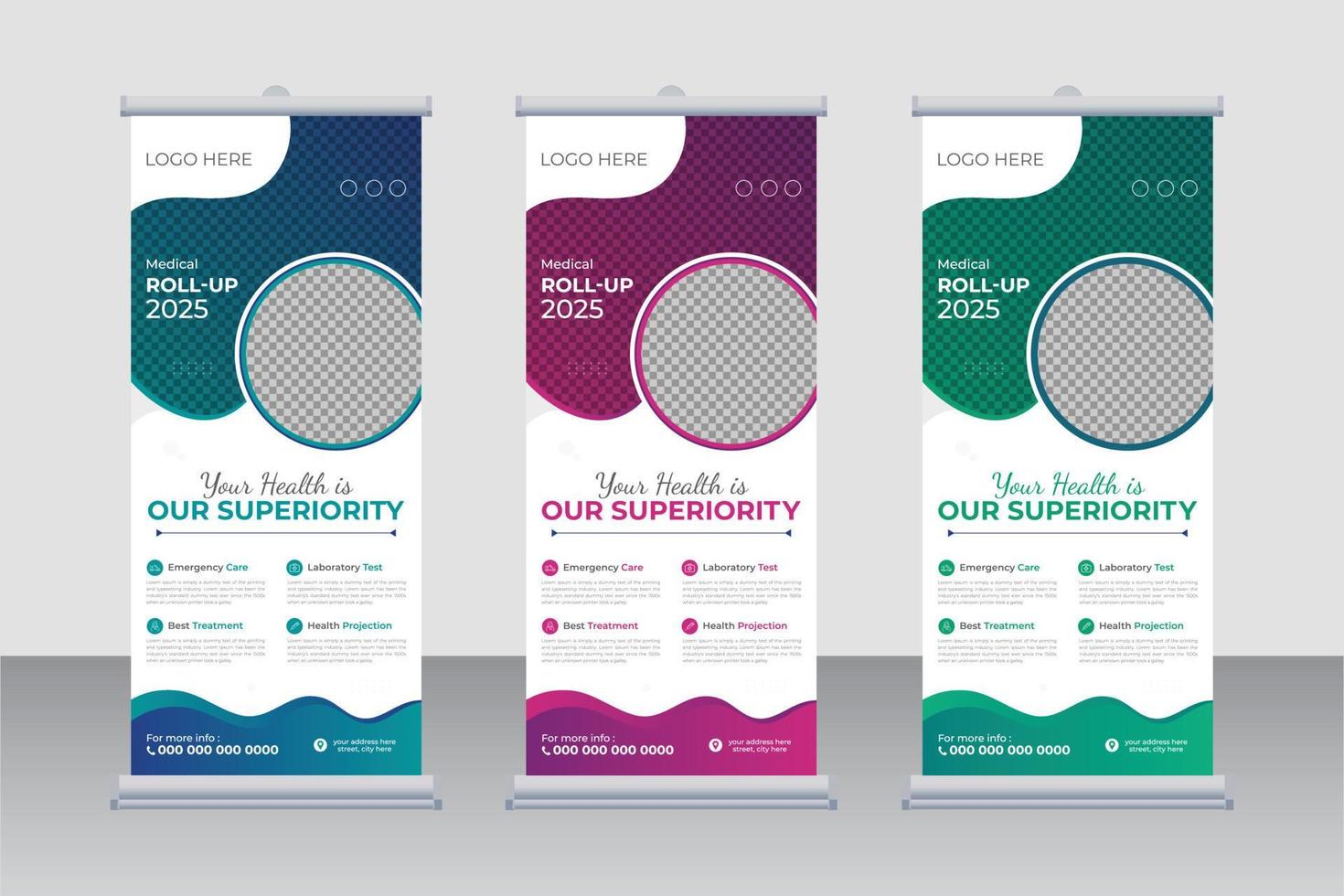 diseño de banner enrollable médico, diseño de concepto de señalización de pie para promoción comercial con 2 variaciones de color. vector