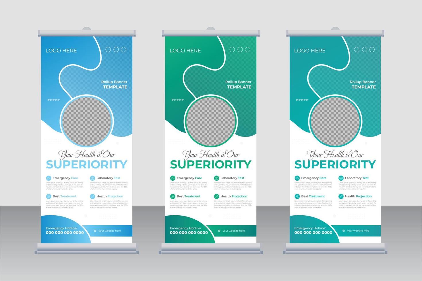 Medical roll-up banner design layout, standee signage concept layout pull-up design for business promotion with 2 color variations. vector