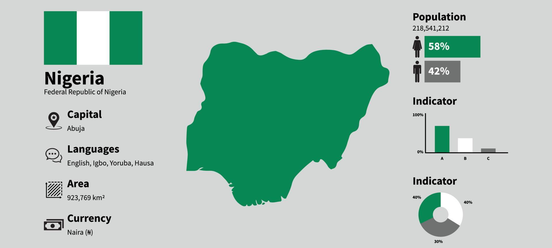 ilustración vectorial infográfica de nigeria con datos estadísticos precisos. tablero de mapa de información del país de nigeria y bandera de nigeria vector