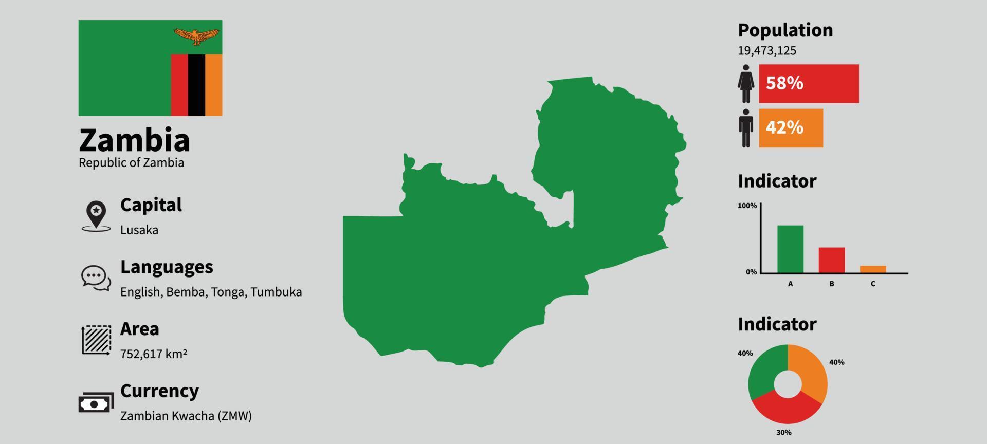 Zambia infographic vector illustration with accurate statistical data. Zambia country information map board and Zambia flag