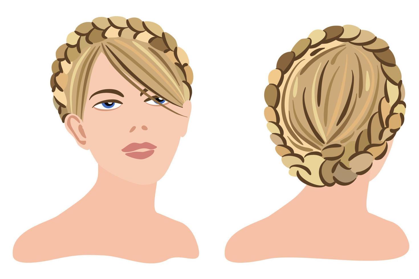 Braid around the head. Original hairstyle, front and rear view. vector