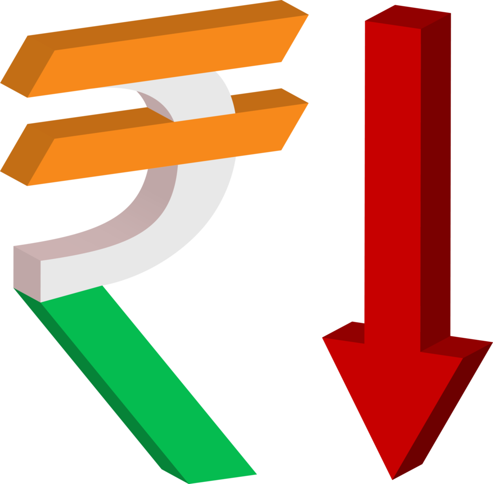 rupee india currency 3d symbol icon with red arrow down png