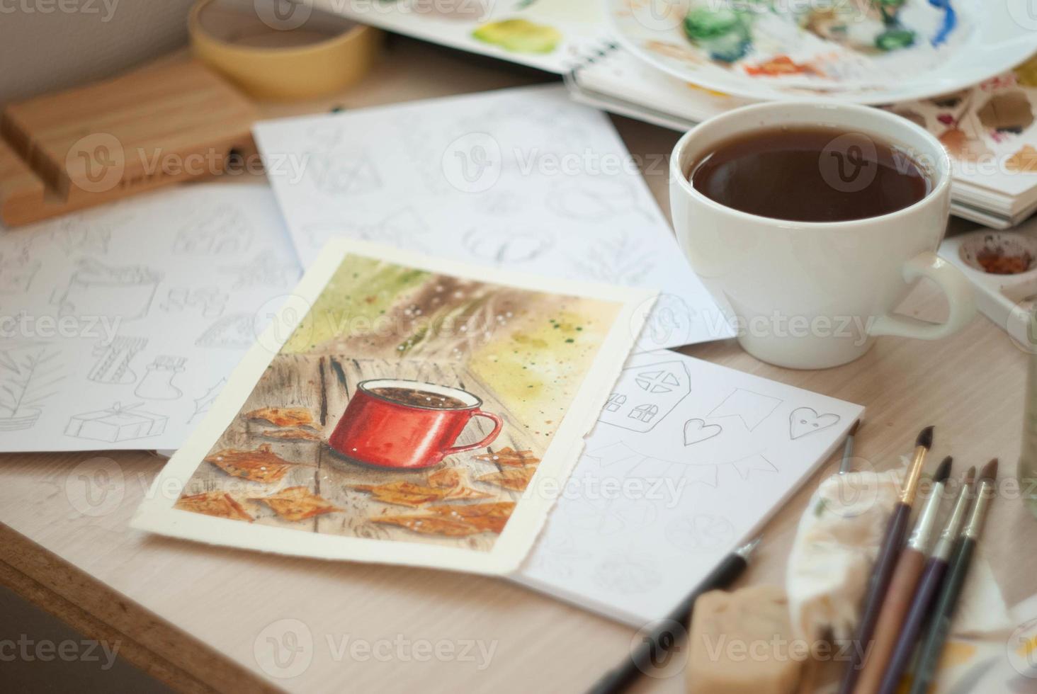 Art painting process on table photo