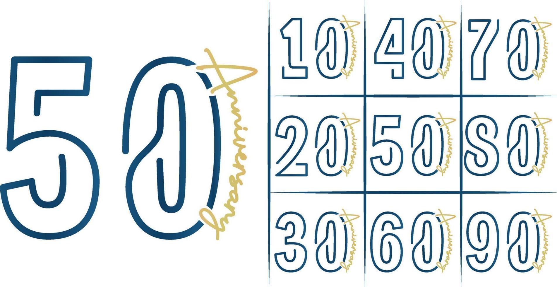 Ilustración de diseño de plantilla de vector elegante de oro y azul de celebración de aniversario de 10 a 90 años