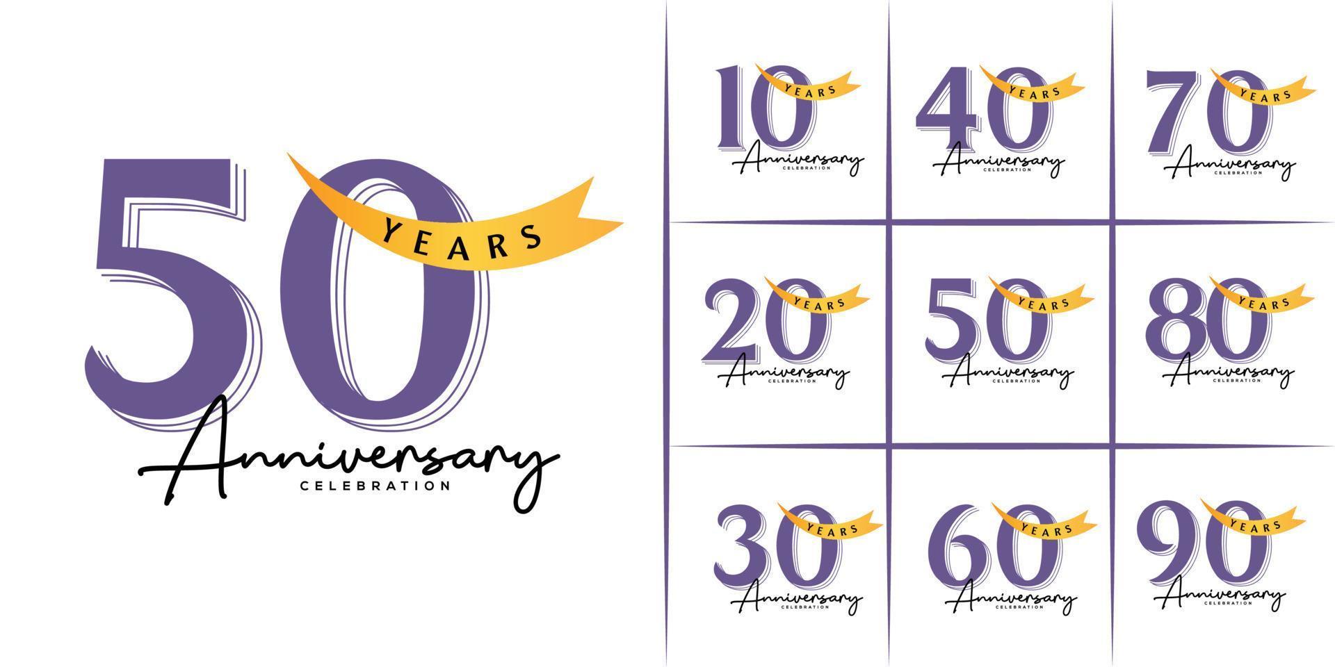 10th -90th Set of Anniversary emblems , anniversary template design for web, game ,Creative poster, booklet, leaflet, flyer, magazine, invitation card vector