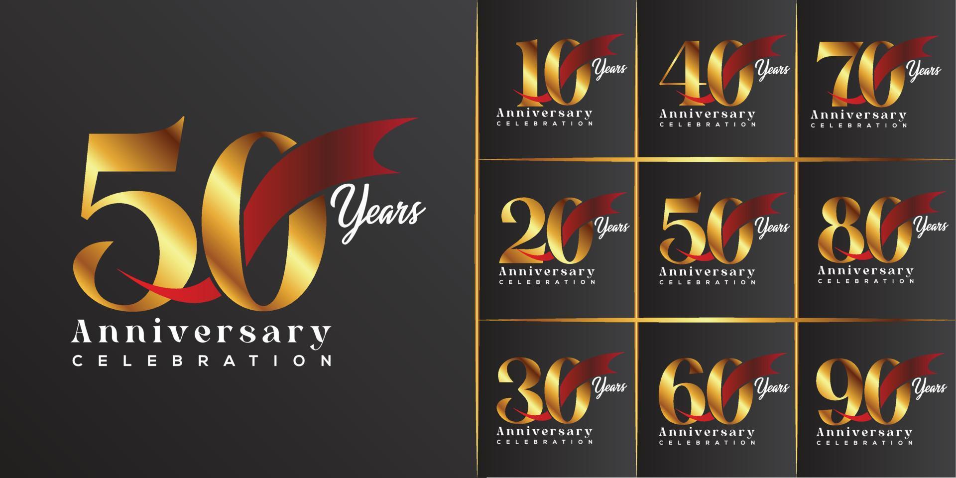 set of 10th -90th anniversary celebration emblem. Black and Red colour anniversary logo isolated . vector illustration template design for web, poster, flyers, greeting card and invitation card