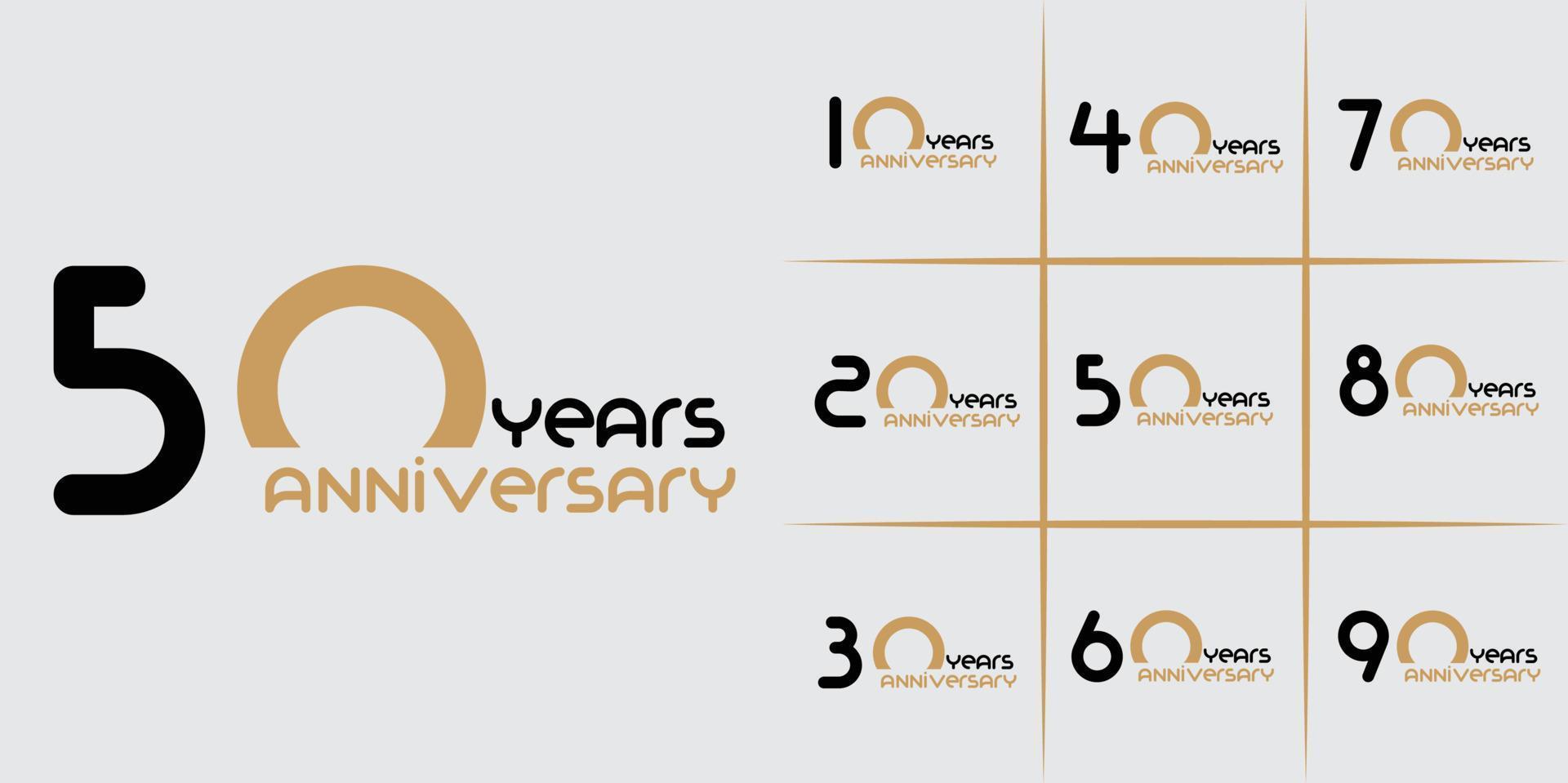 set of 10th-90th anniversary celebration emblem. black and brown colour design .white anniversary logo .vector illustration template design for web, poster, flyers, greeting card and invitation card vector