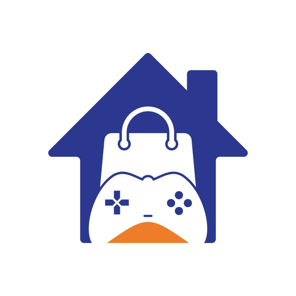 Game shop home shape concept vector logo. design. Shopping bag combination joystick icon vector design.