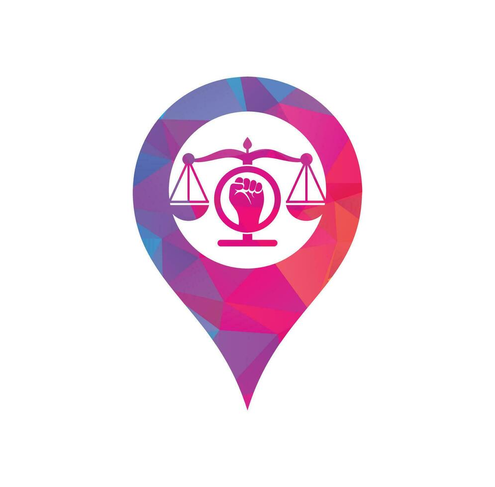 icono de diseño de logotipo de concepto de forma de pin de mapa de puño de ley. escalas de justicia en el diseño de la plantilla del logotipo de la mano. concepto del logo de la justicia revolucionaria. vector