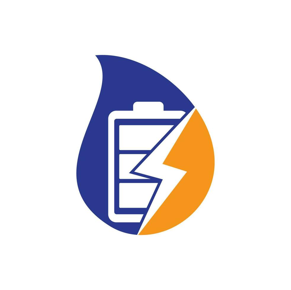Power Battery drop shape concept Logo Design Template. Battery power and flash lightning bolt logo icon. vector