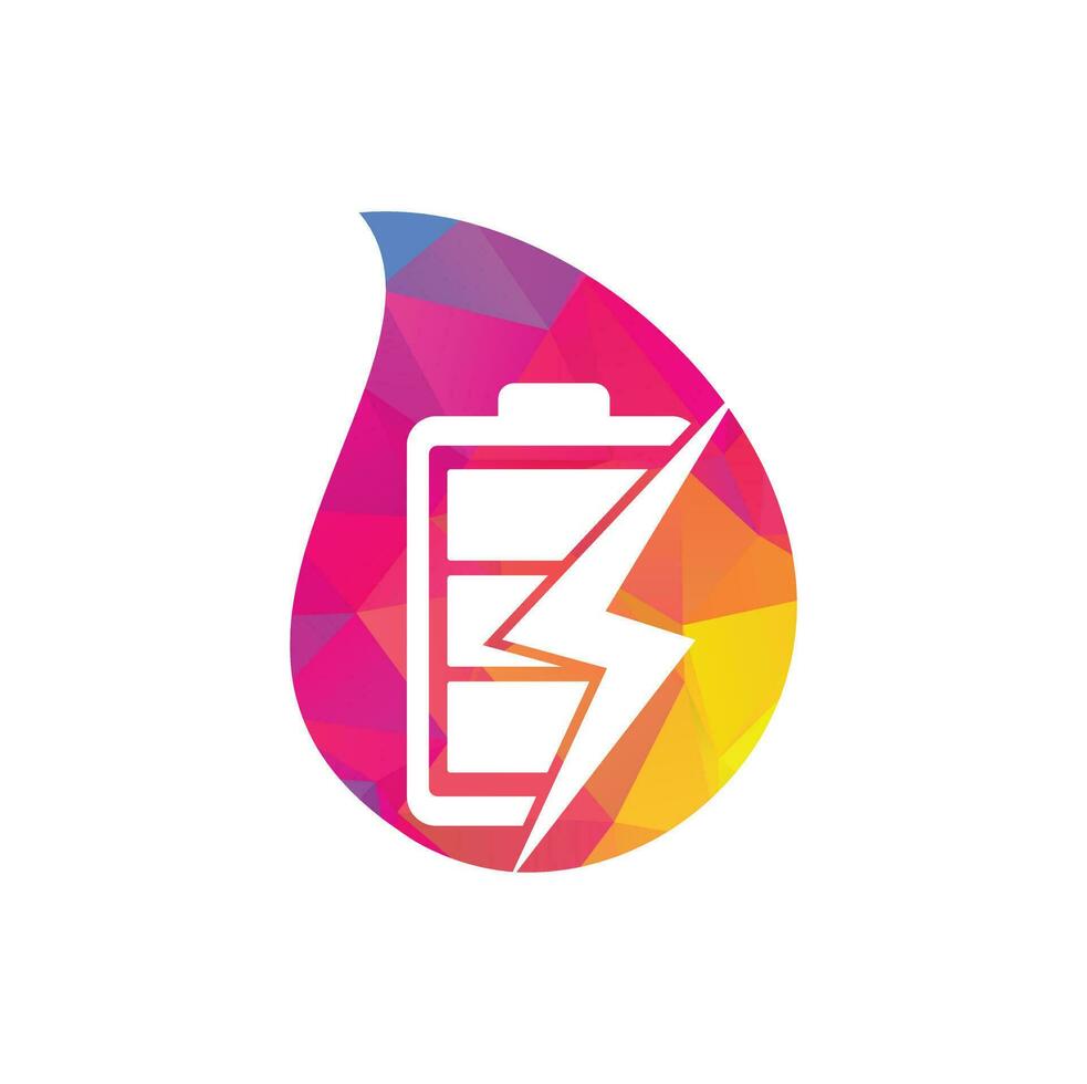 Power Battery drop shape concept Logo Design Template. Battery power and flash lightning bolt logo icon. vector
