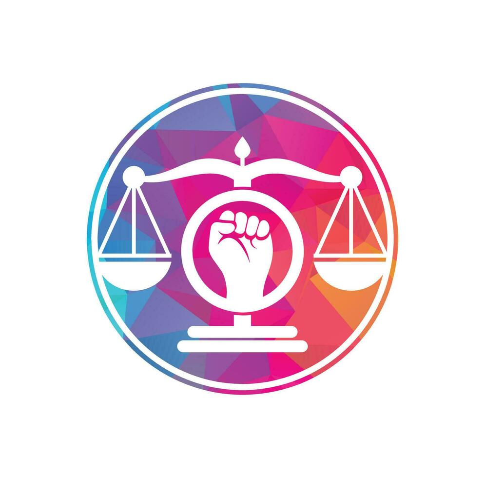 icono del diseño del logo del puño de la ley. escalas de justicia en el diseño de la plantilla del logotipo de la mano. concepto del logo de la justicia revolucionaria. vector