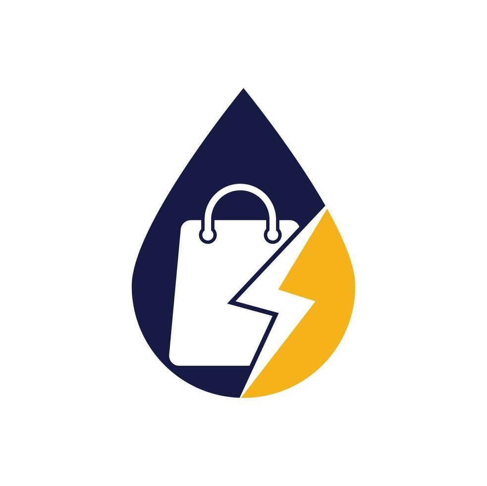 Thunder Shop drop shape concept Logo design vector. Fast Shop Logo. Shopping Bag Combined with Energy or Lightning Bolt Icon Vector