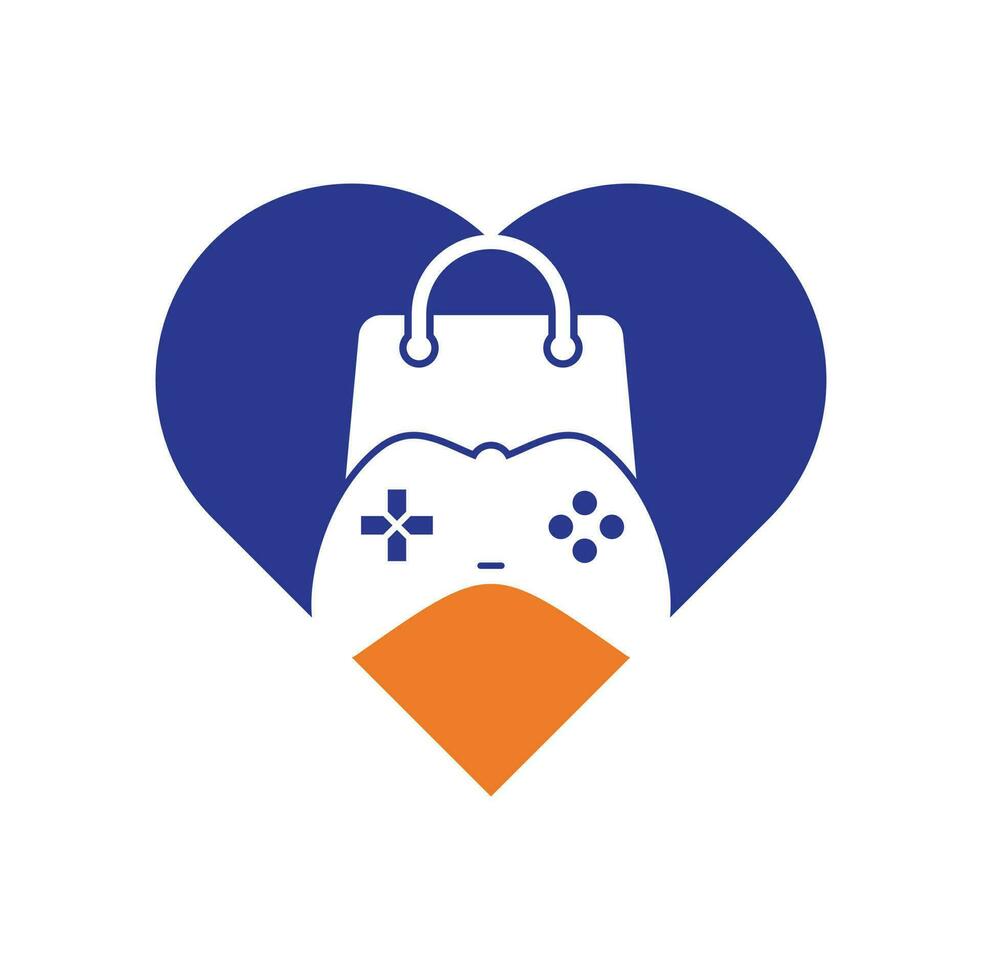 Game shop heart shape concept vector logo. design. Shopping bag combination joystick icon vector design.