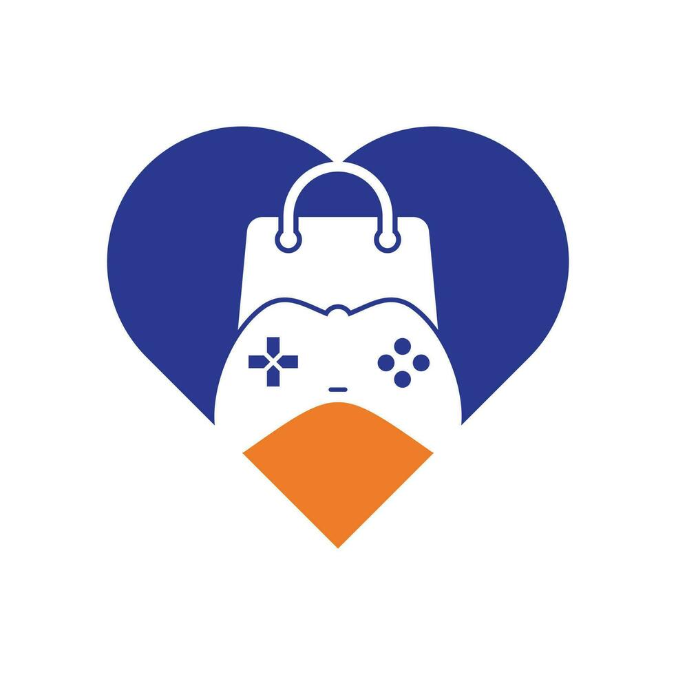 logo de vector de concepto de forma de corazón de tienda de juegos. diseño. diseño de vector de icono de joystick de combinación de bolsa de compras.