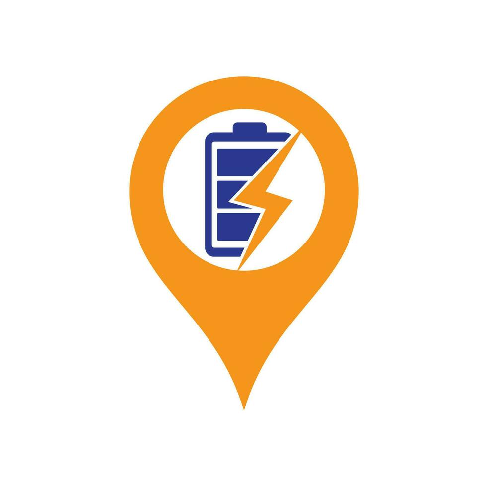 Power Battery map pin shape concept Logo Design Template. Battery power and flash lightning bolt logo icon. vector