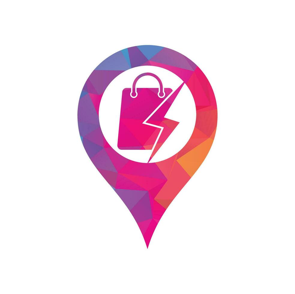 Thunder Shop map pin shape concept Logo design vector. Fast Shop Logo. Shopping Bag Combined with Energy or Lightning Bolt Icon Vector