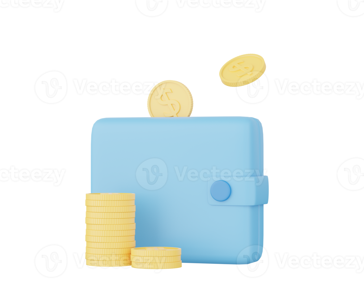 3d plånbok med mynt. 3d ikon png